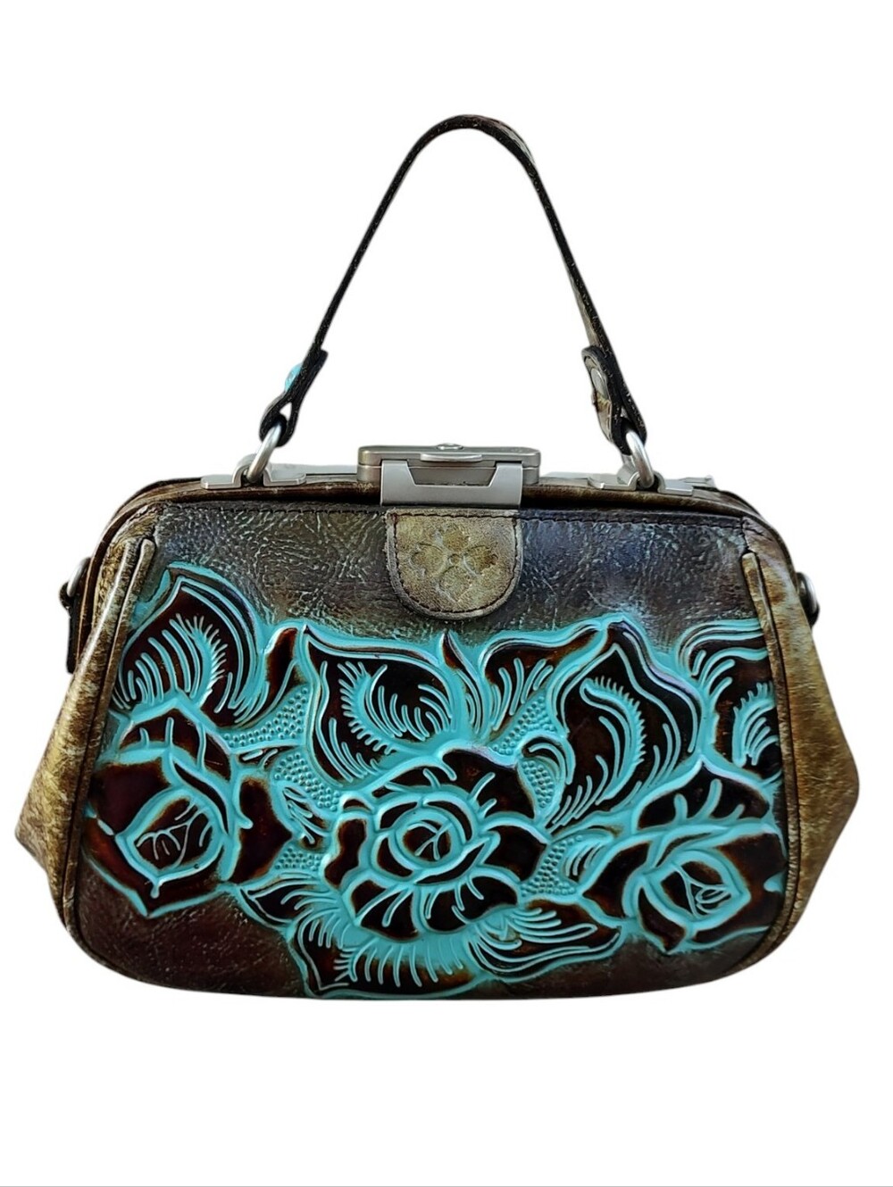 Patricia Nash Brown Leather Satchel with Turquoise Floral Cutout Accents